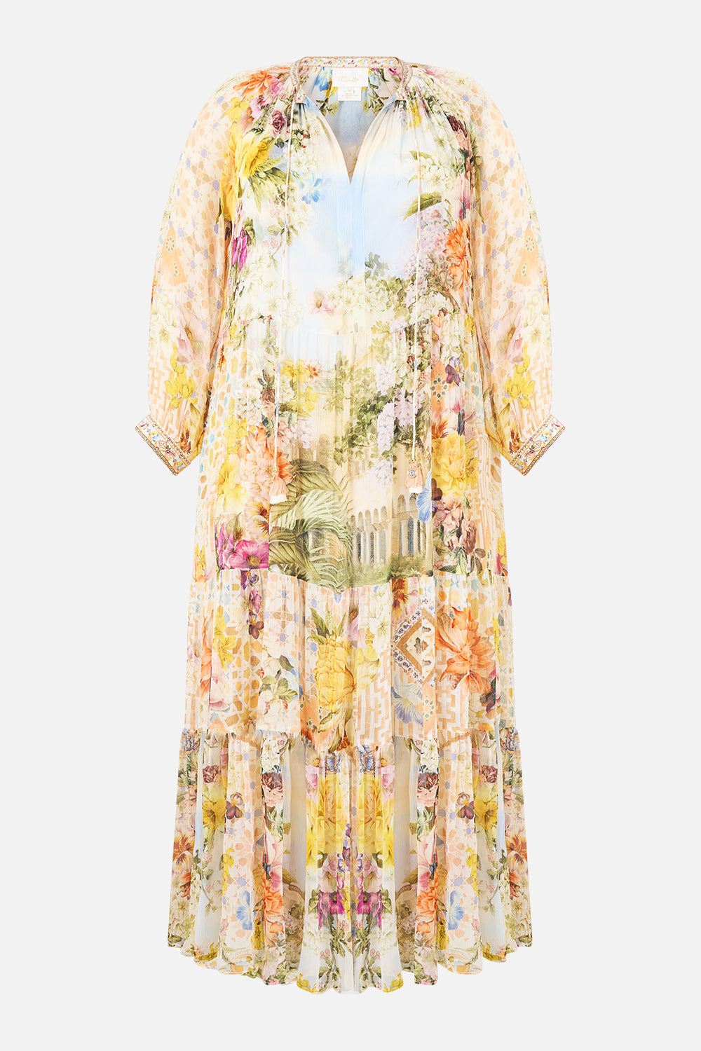 The CAMILLA long gathered panel dress in our print The Architects of Alcázar. Front view.