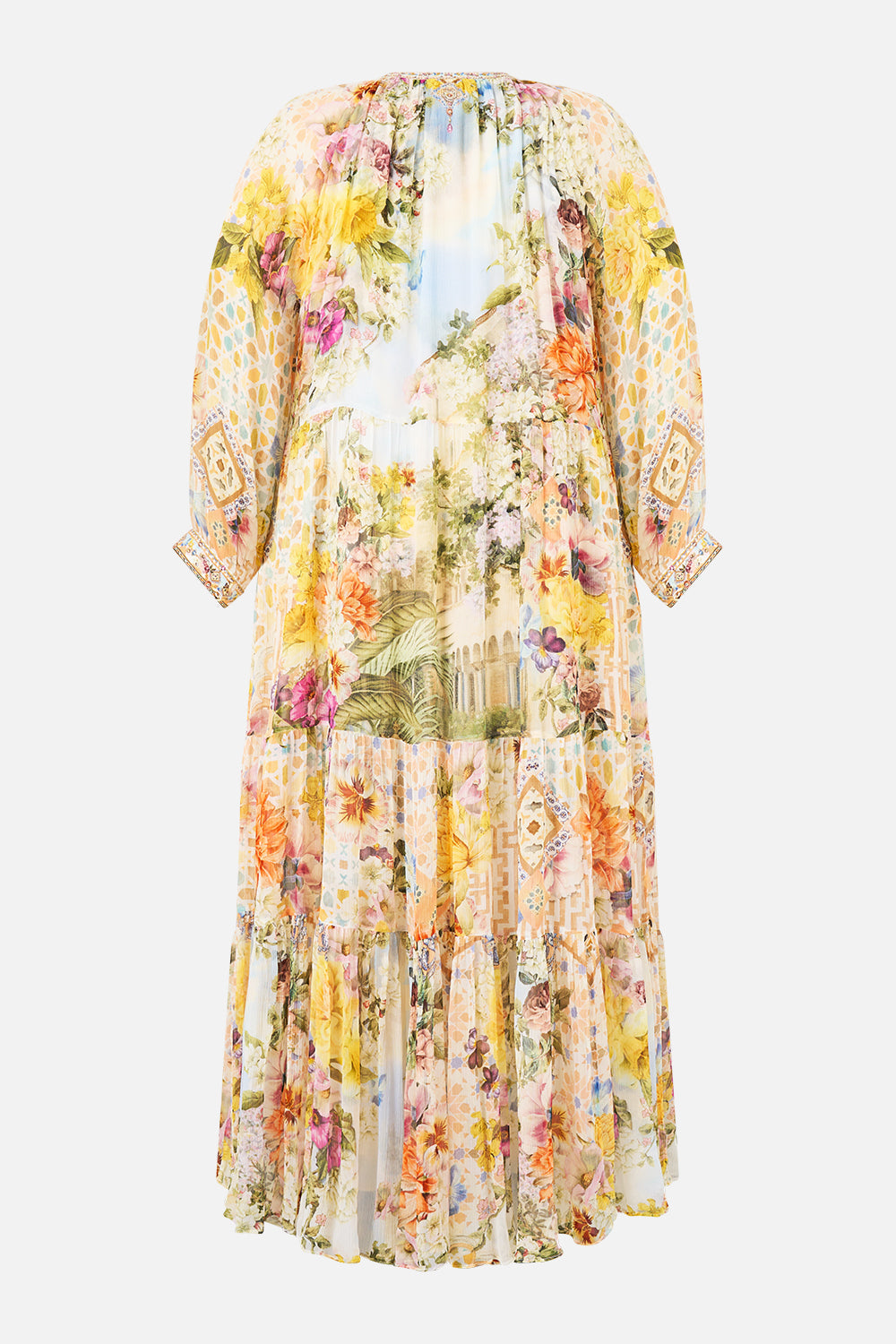 The CAMILLA long gathered panel dress in our print The Architects of Alcázar.