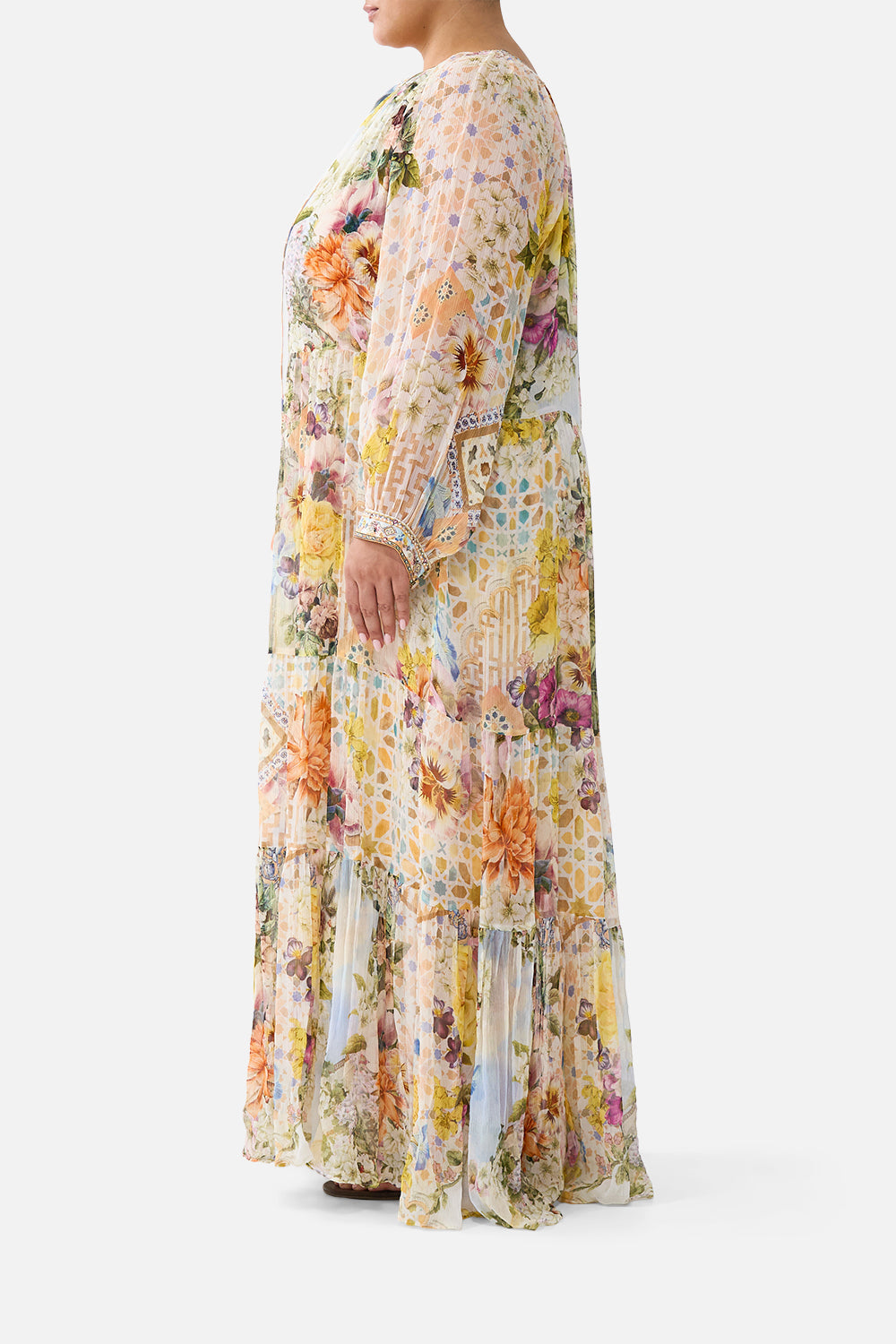 The CAMILLA long gathered panel dress in our print The Architects of Alcázar. Side model view.