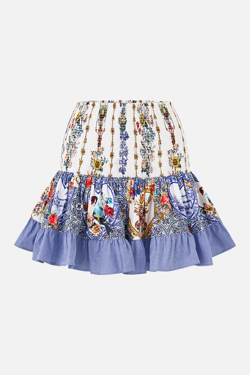 The CAMILLA SHORT SHIRRED SKIRT THE POTTERY PARLOUR in our  print.
