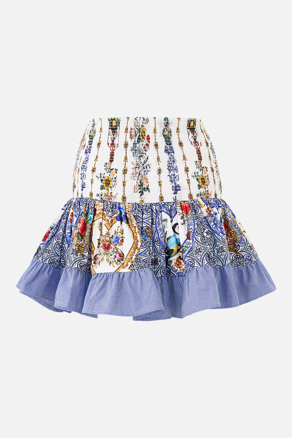The CAMILLA SHORT SHIRRED SKIRT THE POTTERY PARLOUR in our  print.