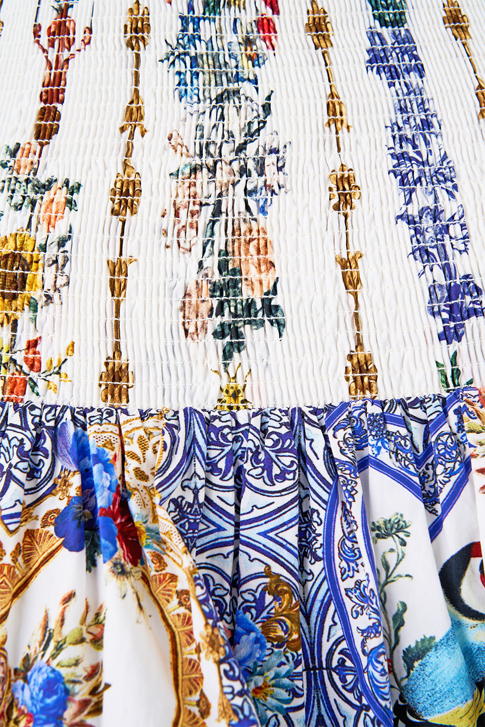 The CAMILLA SHORT SHIRRED SKIRT THE POTTERY PARLOUR in our  print.