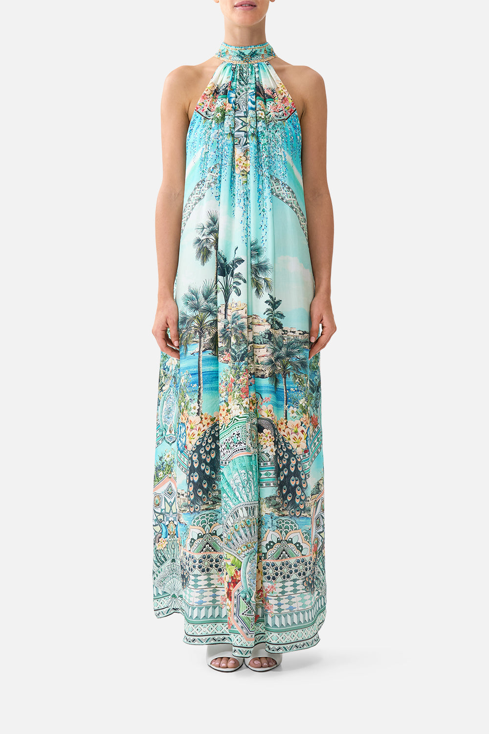 The CAMILLA TIE NECK LONG DRESS BALEARIC BEBÉ in our BALEARIC BEBÉ print.