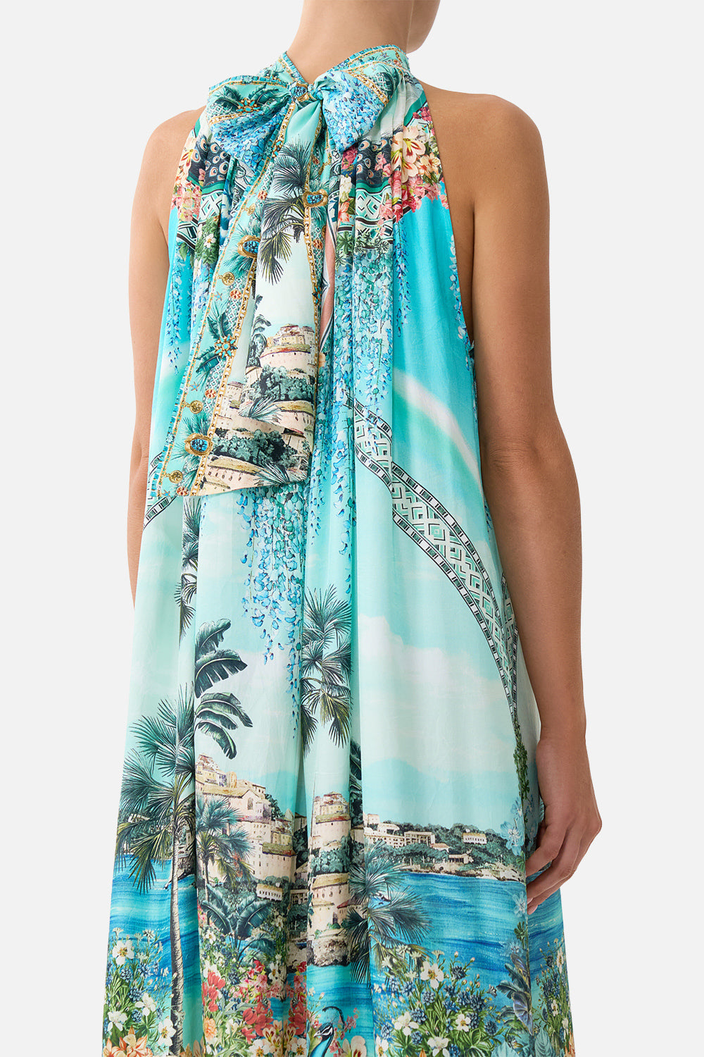 The CAMILLA TIE NECK LONG DRESS BALEARIC BEBÉ in our  print.
