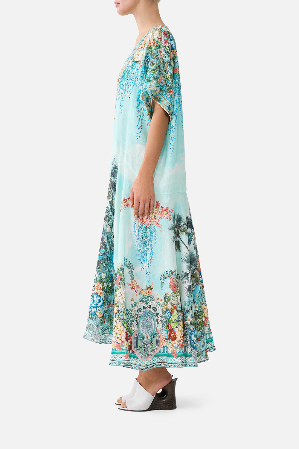 The CAMILLA V NECK KAFTAN WITH DROP WAIST BALEARIC BEBÉ in our  print.