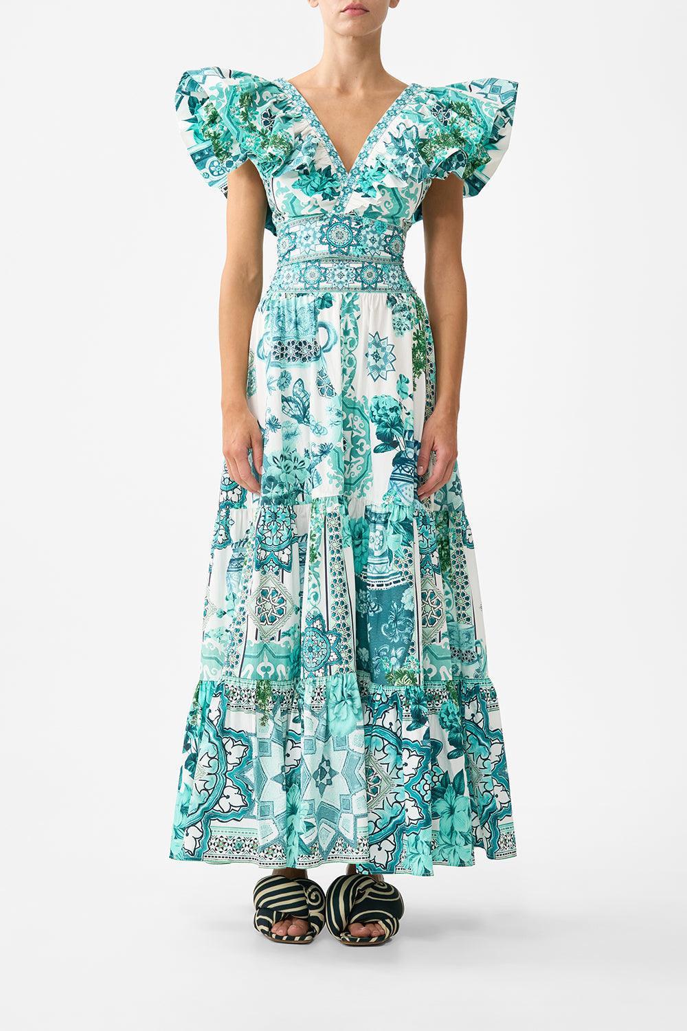 The CAMILLA ruffle wrap top in our print Balearic Bebé.