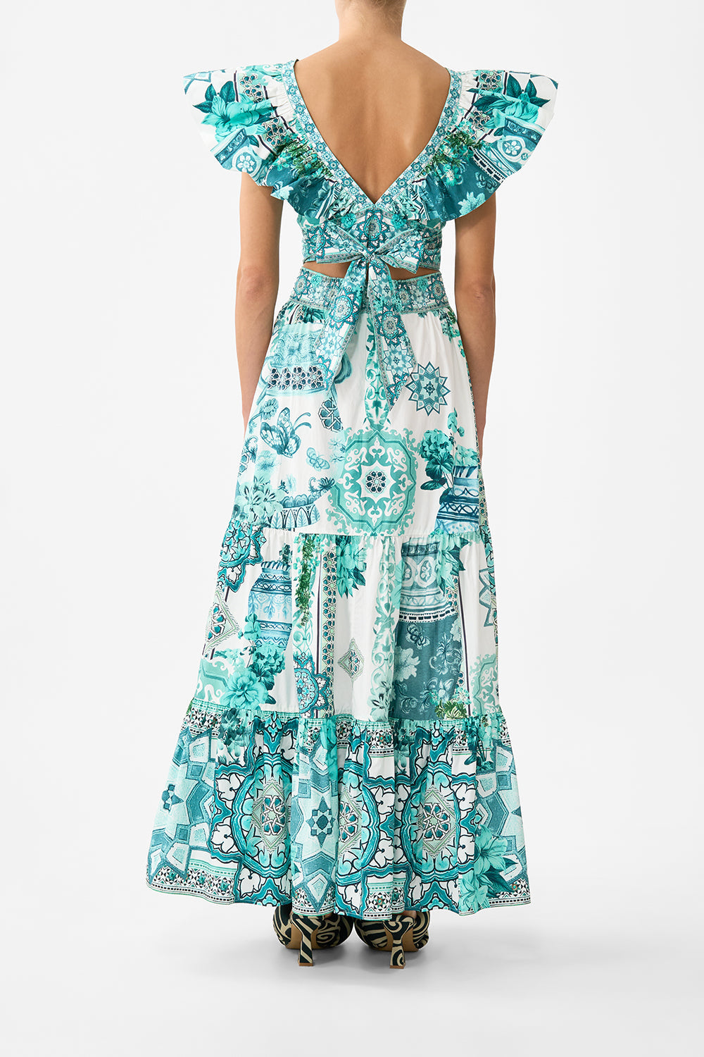 The CAMILLA ruffle wrap top in our print Balearic Bebé.