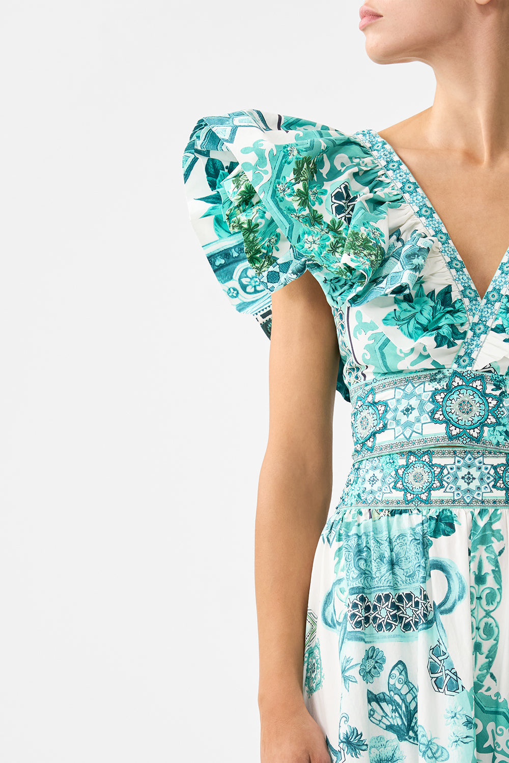 The CAMILLA ruffle wrap top in our print Balearic Bebé.