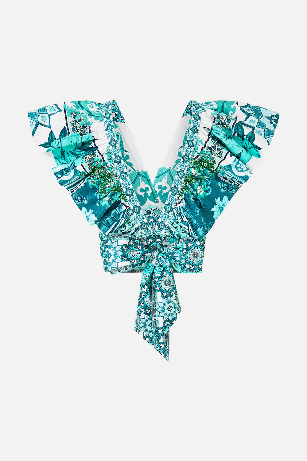 The CAMILLA ruffle wrap top in our print Balearic Bebé.