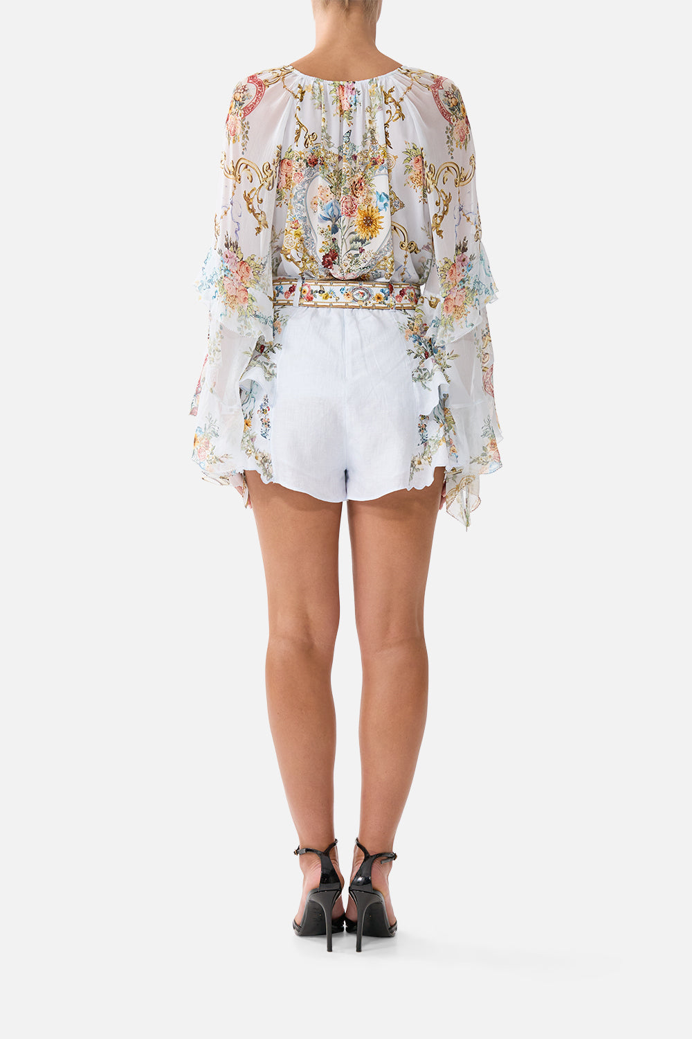 The CAMILLA FRILLED SHORTS SEVILLE SWEETHEART in our  print.