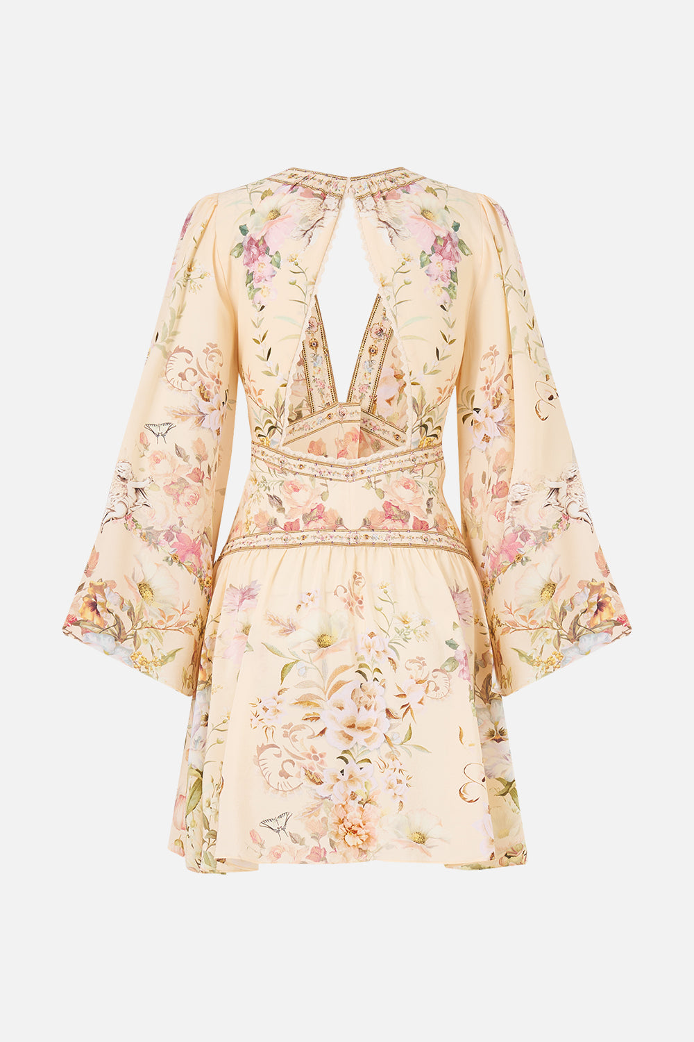 The CAMILLA BUTTON DOWN SHORT DRESS WITH OPEN BACK ADORNED IN ARANJUEZ in our  print.