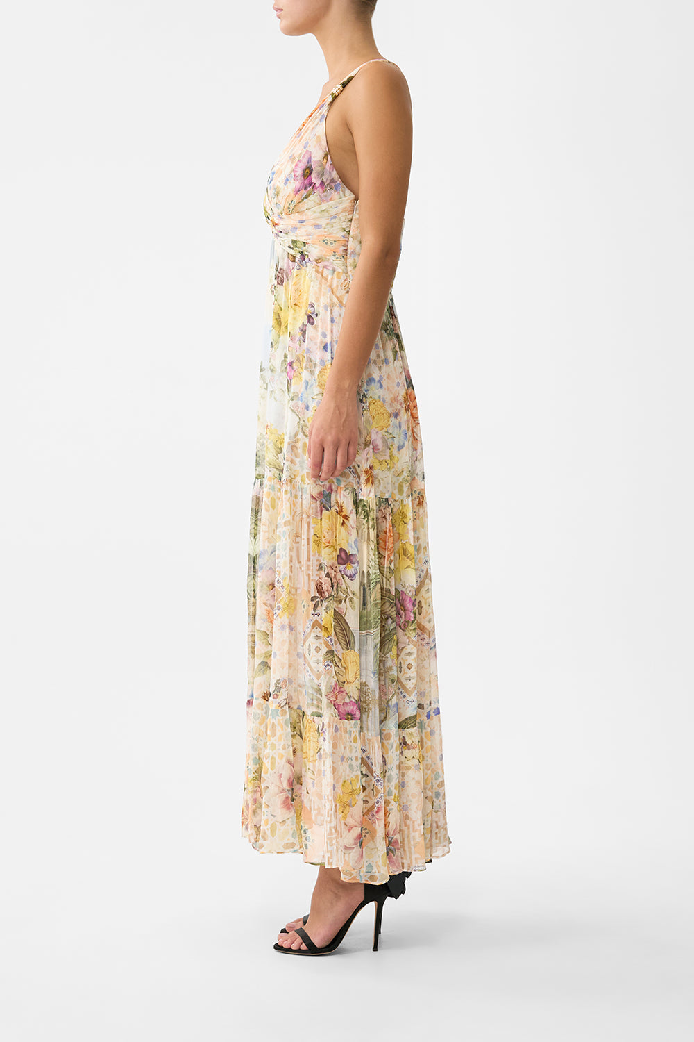 The CAMILLA bead strap gathered panel dress in our print The Architects of Alcázar.