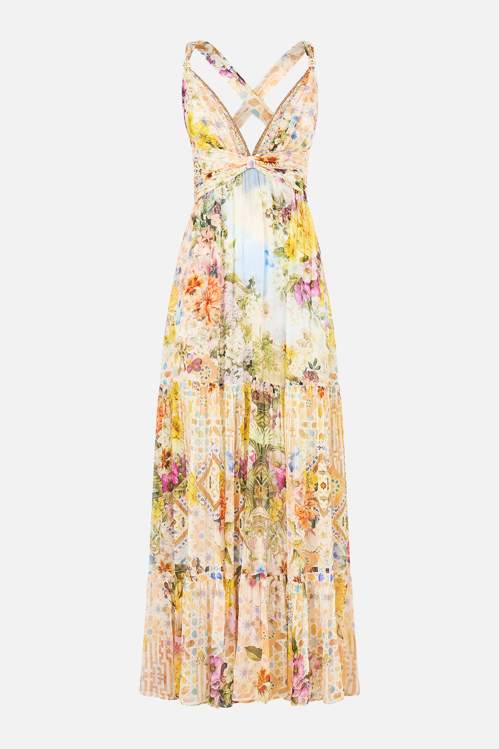 The CAMILLA bead strap gathered panel dress in our print The Architects of Alcázar. Front view.