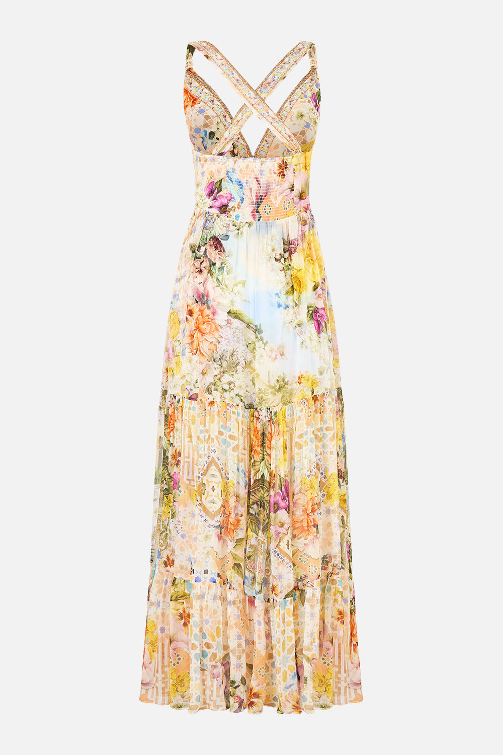 The CAMILLA bead strap gathered panel dress in our print The Architects of Alcázar.