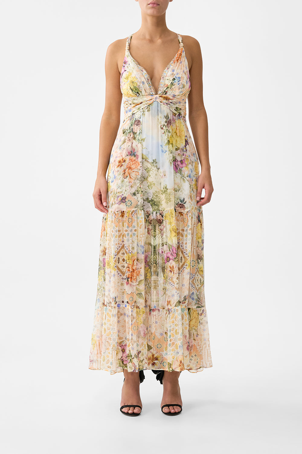 The CAMILLA bead strap gathered panel dress in our print The Architects of Alcázar. Front model view.