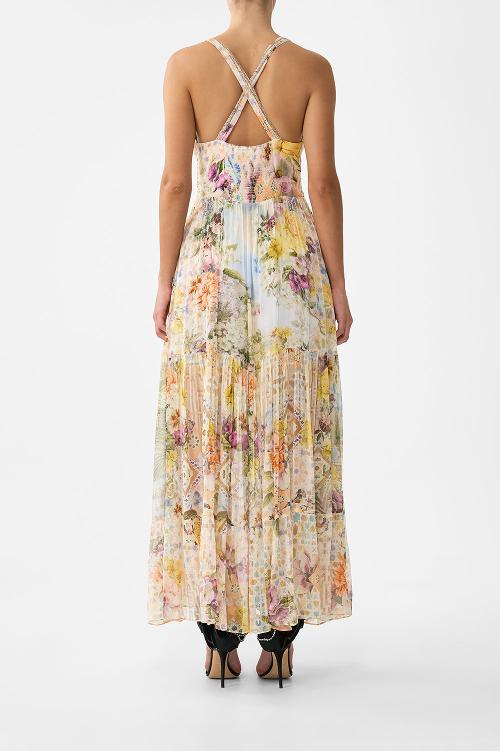The CAMILLA bead strap gathered panel dress in our print The Architects of Alcázar. Back model view.