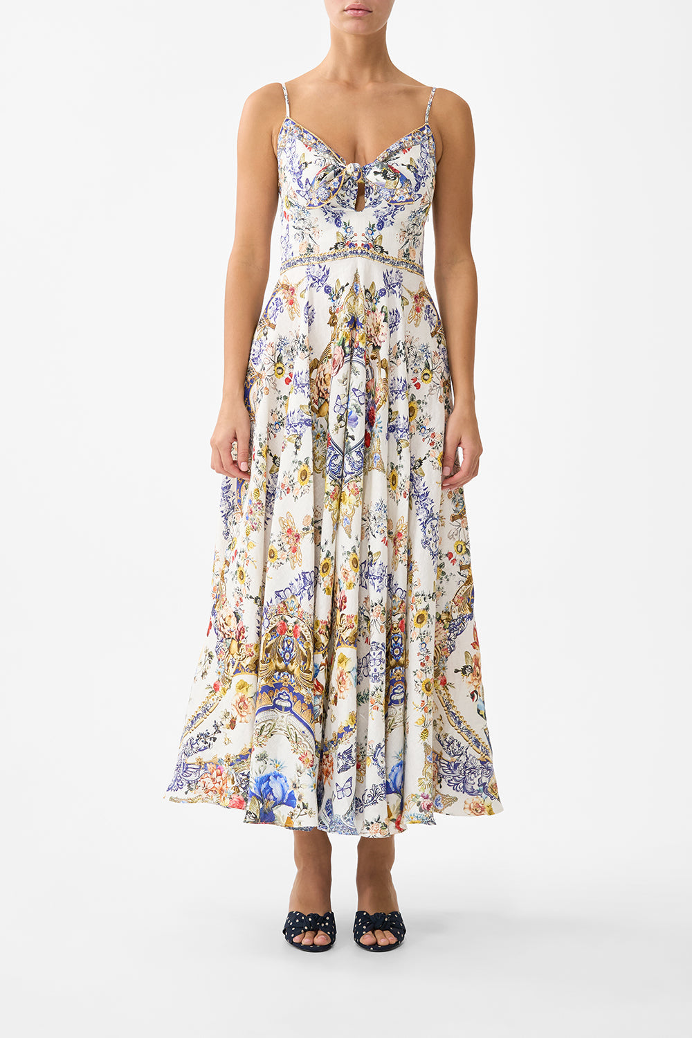 The CAMILLA LONG DRESS WITH TIE FRONT THE POTTERY PARLOUR in our THE POTTERY PARLOUR print.