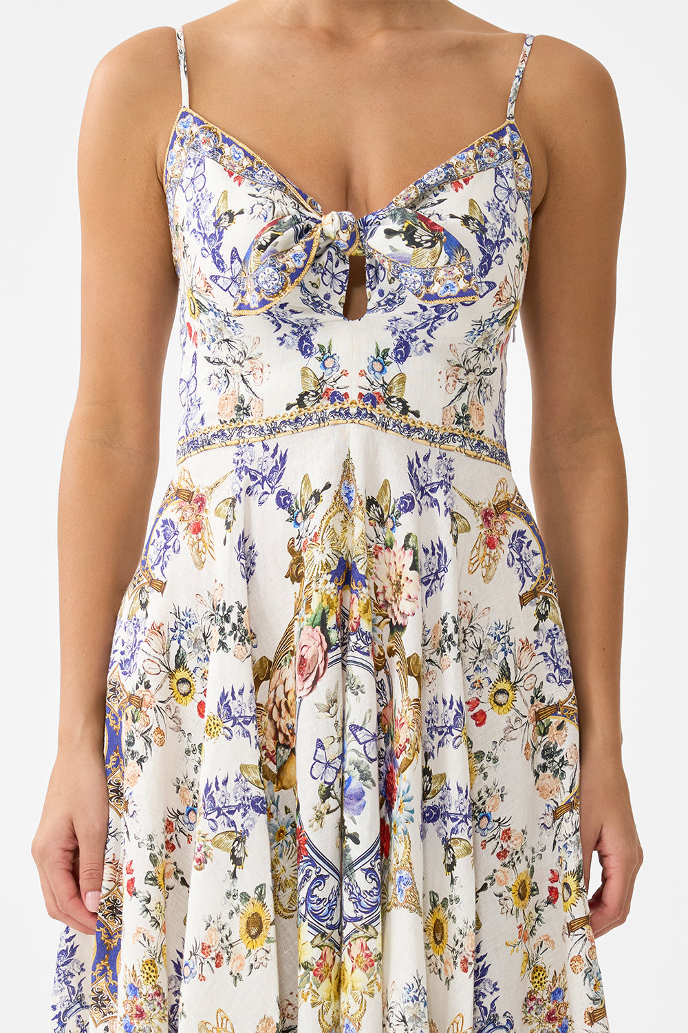 The CAMILLA LONG DRESS WITH TIE FRONT THE POTTERY PARLOUR in our  print.