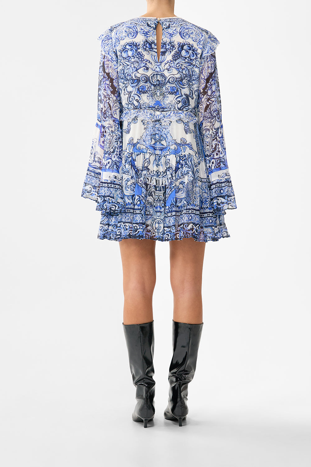 The CAMILLA TIERED SWING MINI DRESS A TILED WONDERLAND in our  print.