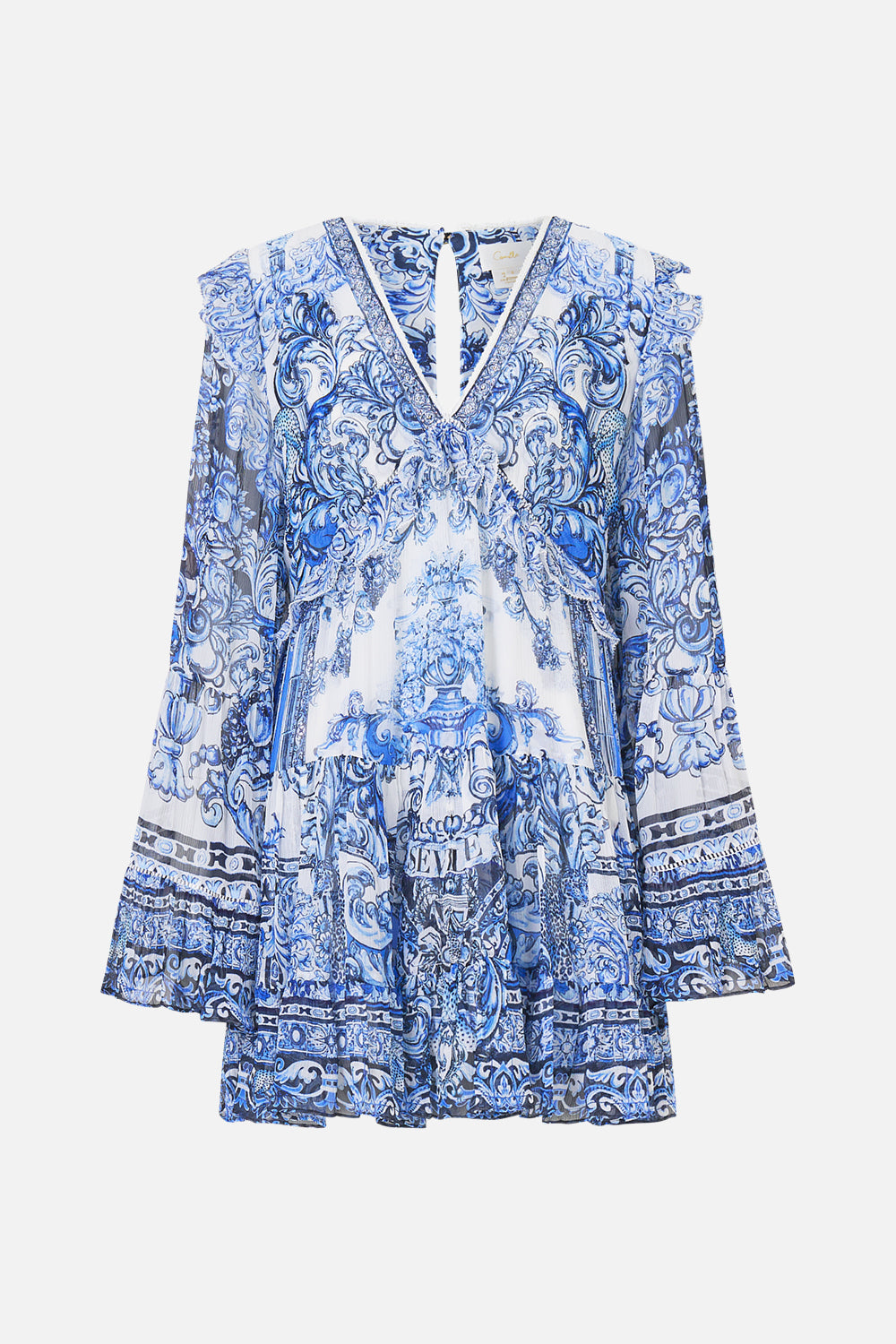 The CAMILLA TIERED SWING MINI DRESS A TILED WONDERLAND in our  print.