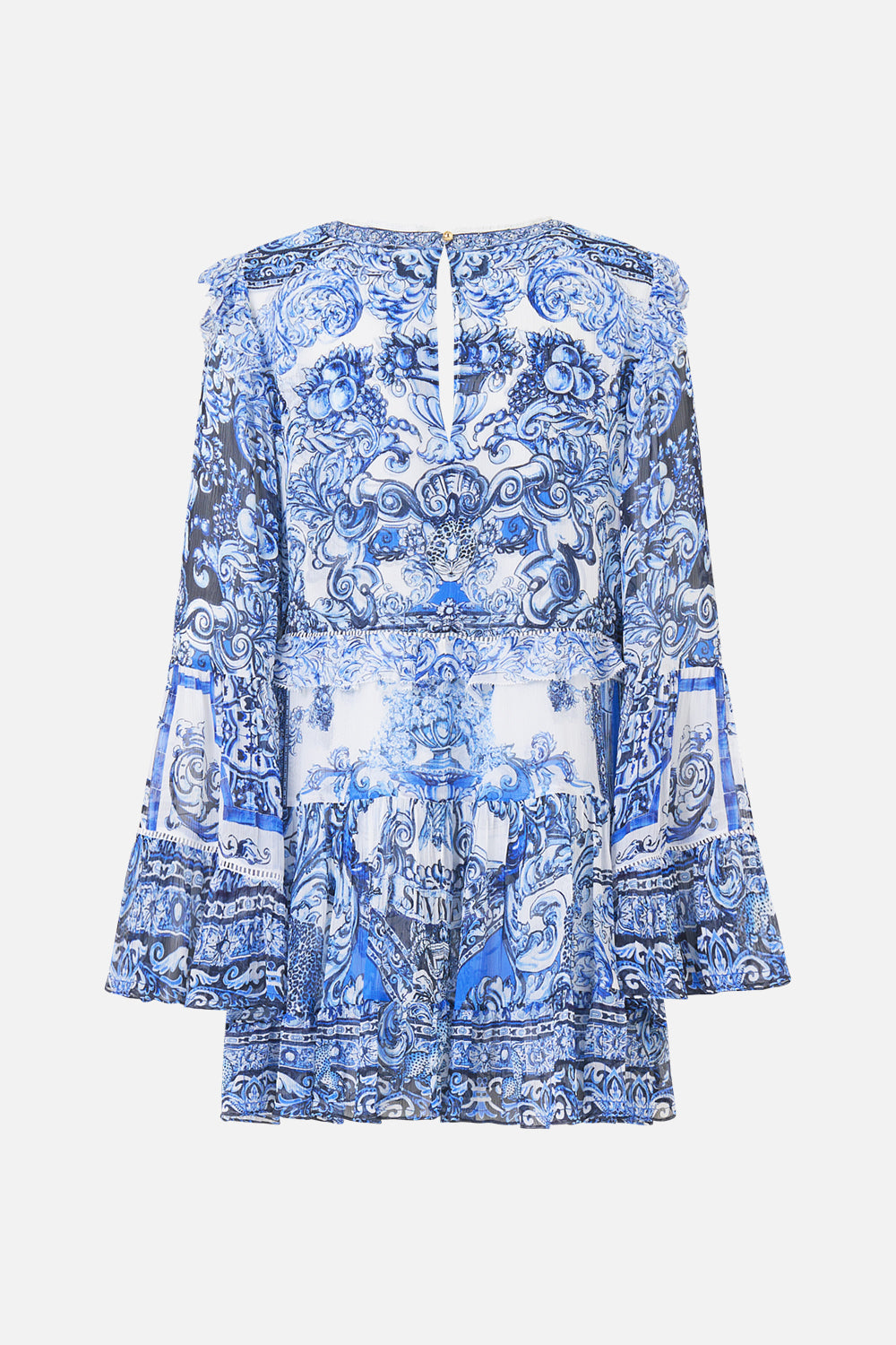 The CAMILLA TIERED SWING MINI DRESS A TILED WONDERLAND in our  print.
