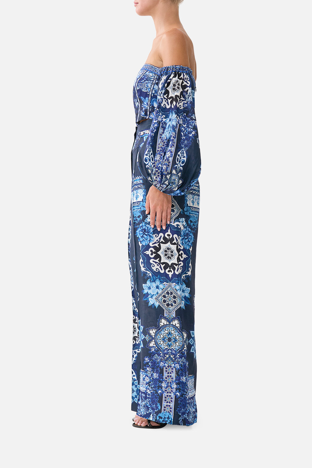 The CAMILLA LONG SLEEVED CORSET CROP TOP A TILED WONDERLAND in our  print.