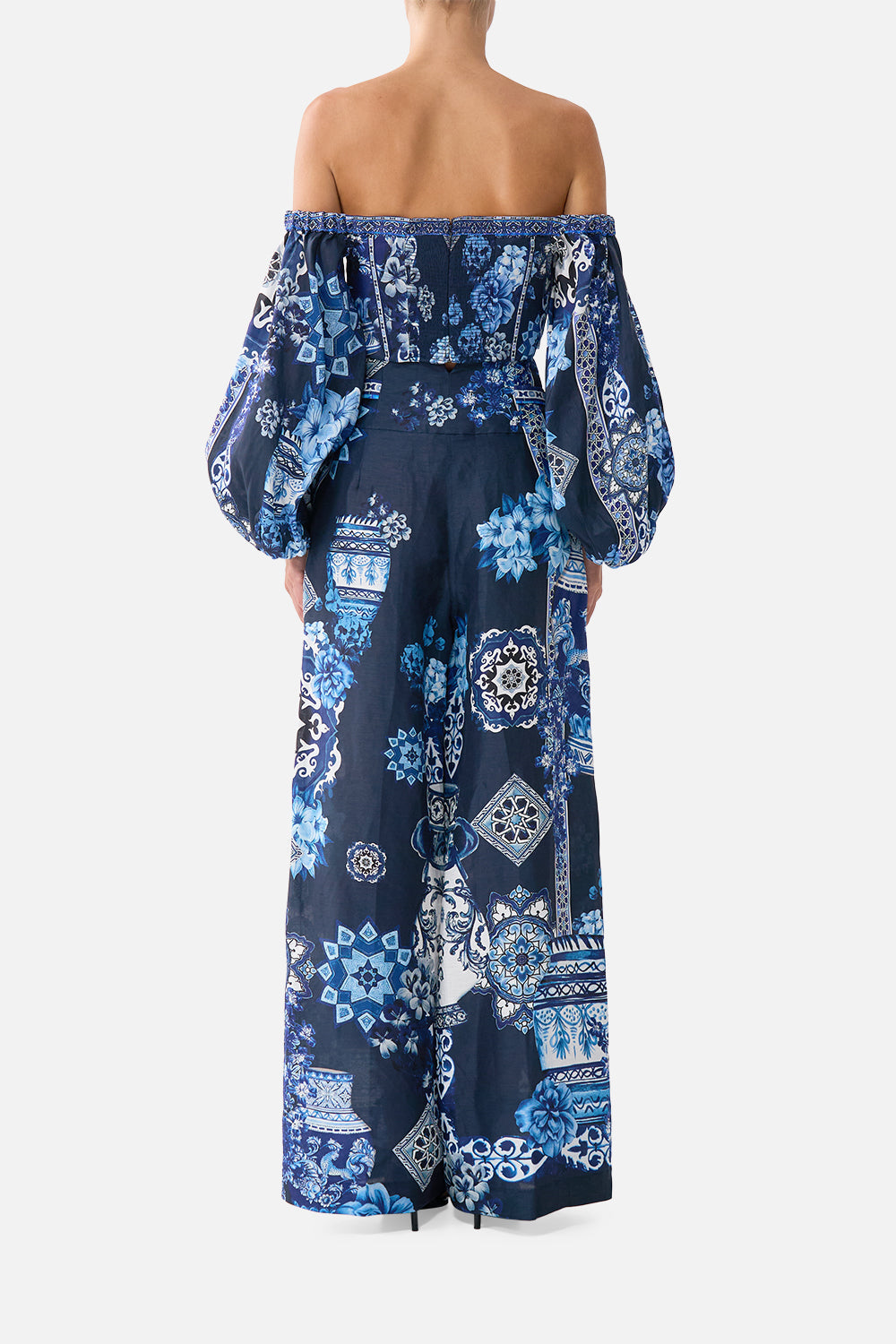 The CAMILLA LONG SLEEVED CORSET CROP TOP A TILED WONDERLAND in our  print.
