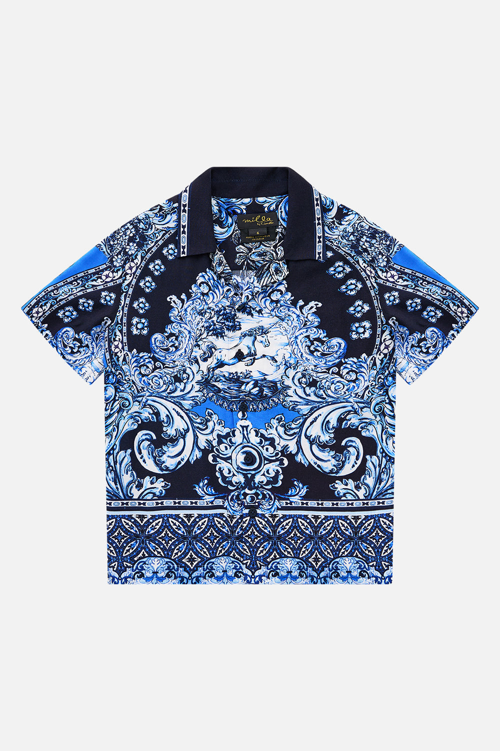 The CAMILLA BOYS SHORT SLEEVE CAMP COLLARED SHIRT A TILED WONDERLAND in our A TILED WONDERLAND print.