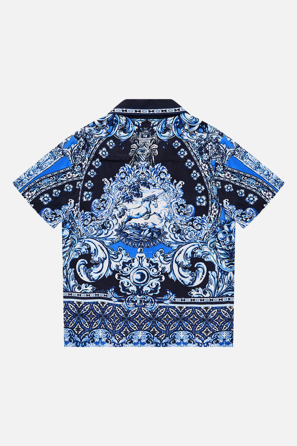 The CAMILLA BOYS SHORT SLEEVE CAMP COLLARED SHIRT A TILED WONDERLAND in our  print.