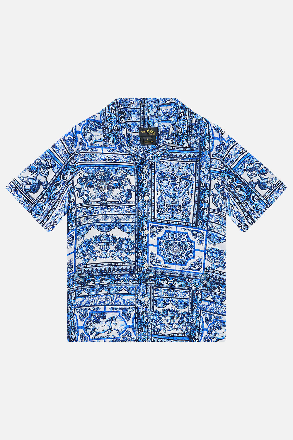 The CAMILLA BOYS SHORT SLEEVE CAMP COLLARED SHIRT AZUL ARISTOCRACY in our AZUL ARISTOCRACY print.
