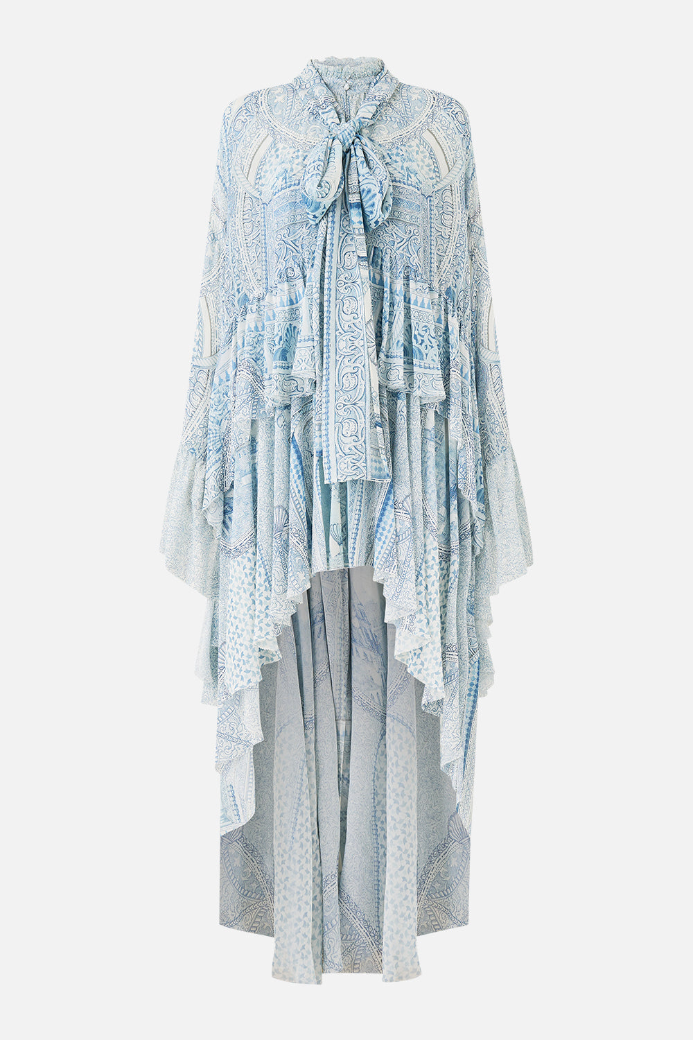 The CAMILLA RUFFLE HIGH LOW DRESS WITH LONG SLEEVE THE HUM OF THE ALHAMBRA in our  print.