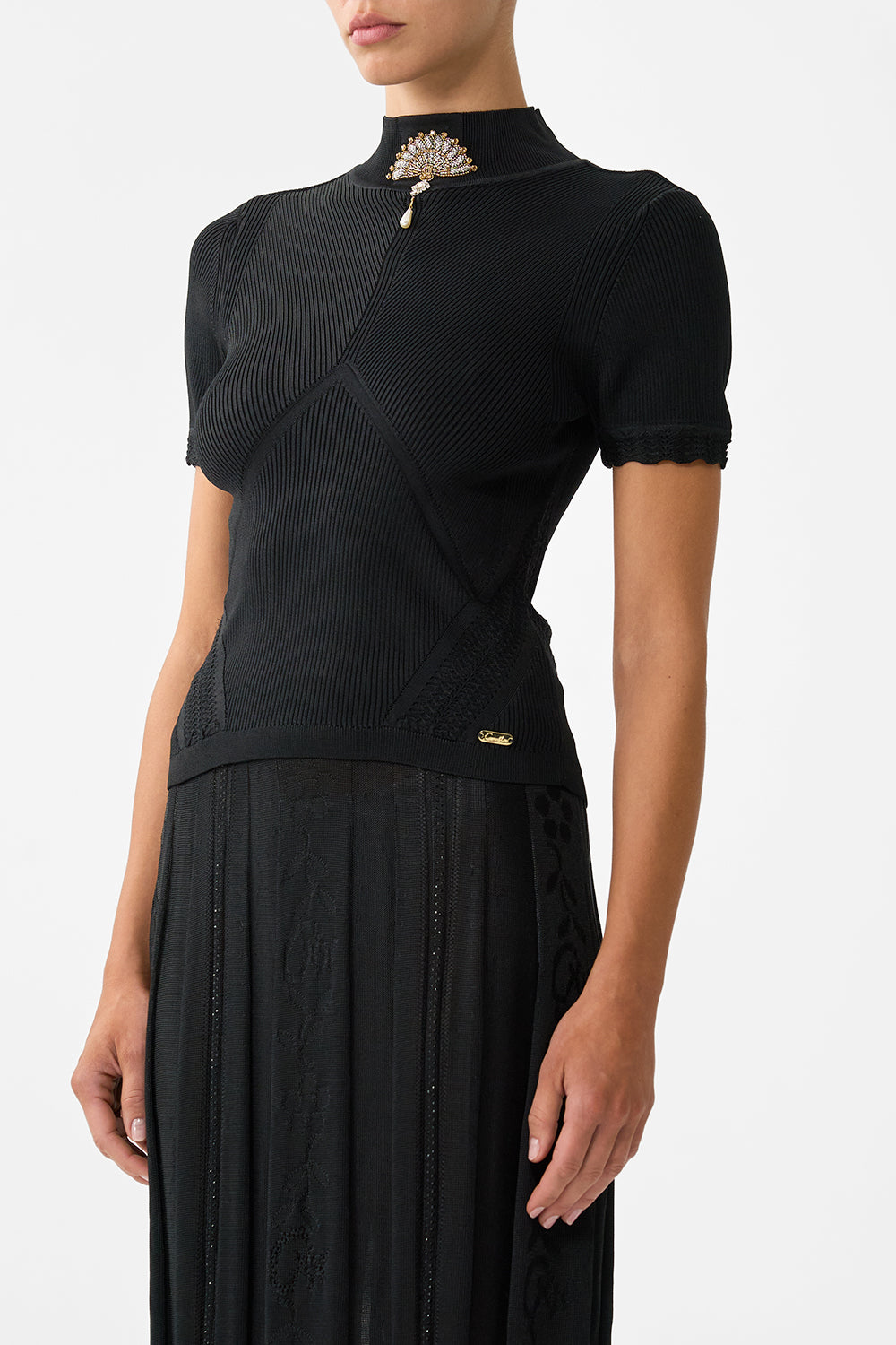 The CAMILLA MOCK NECK KNIT TOP FLAMENCO FOLKLORE in our  print.