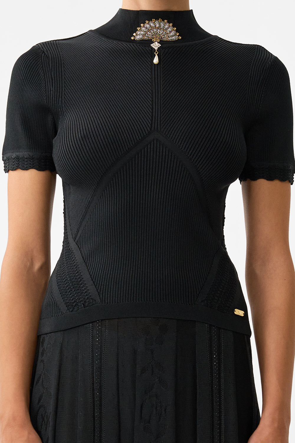 The CAMILLA MOCK NECK KNIT TOP FLAMENCO FOLKLORE in our  print.