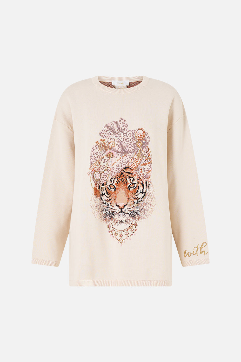 The CAMILLA boxy crew neck jumper in our print Aranjuez Animalia. Front view.