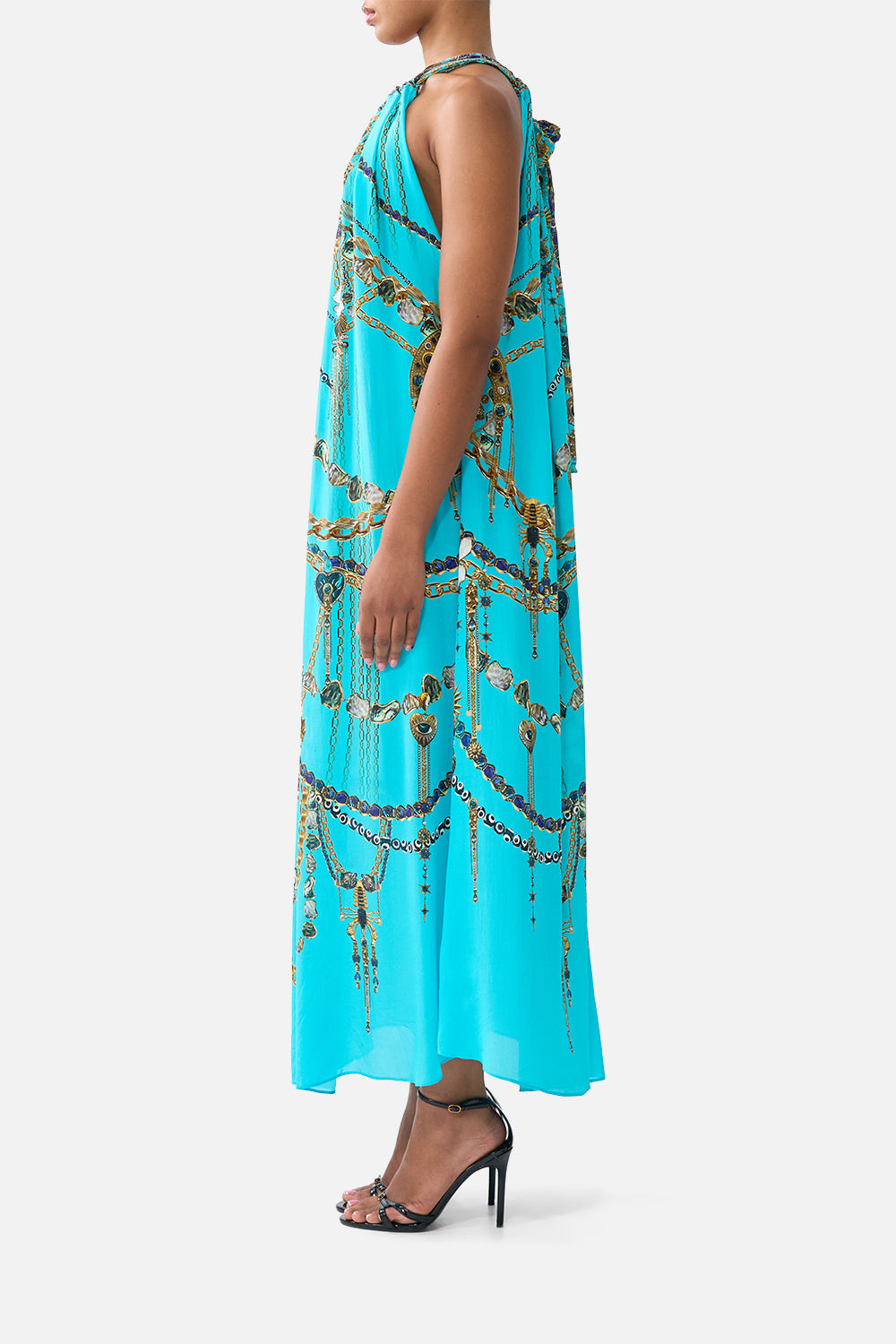 The CAMILLA drawstring dress from our print totems and treasures, side model view