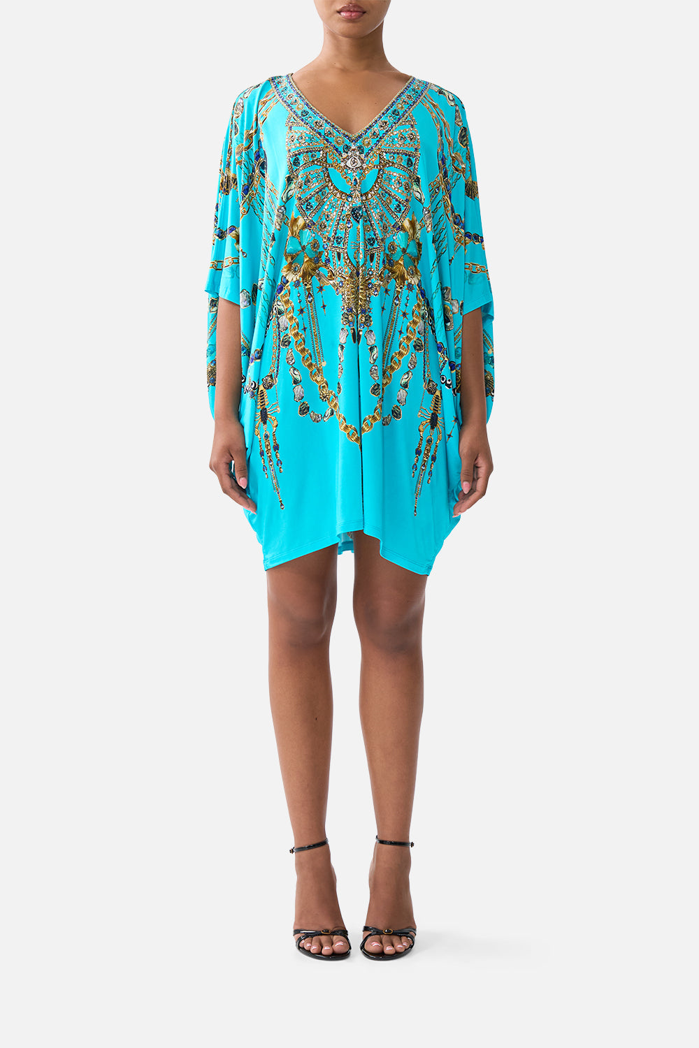 The CAMILLA bat sleeve dress from our print totems and treasures, front model view
