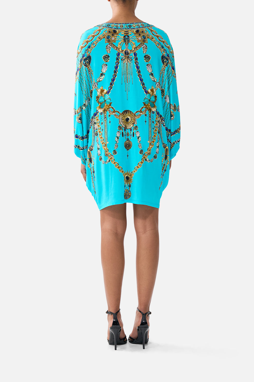 The CAMILLA bat sleeve dress from our print totems and treasures, back model view