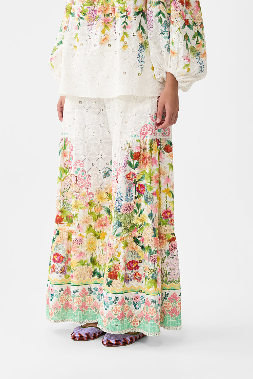 The CAMILLA trouser with tiered panels in our print The Call of Catalonia.