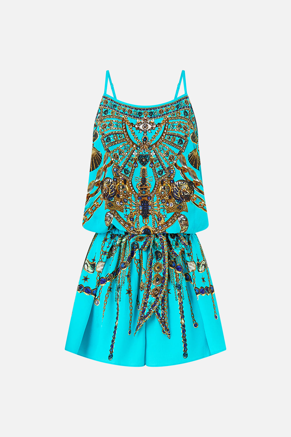 The CAMILLA SHOESTRING STRAP PLAYSUIT TOTEMS AND TREASURES in our  print.