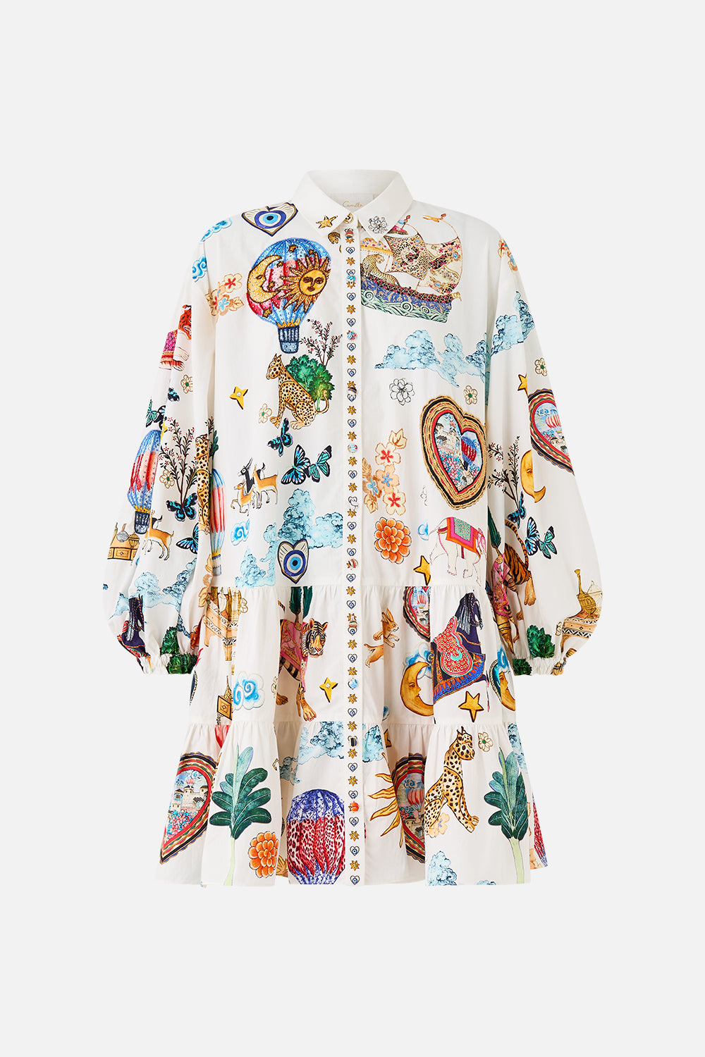 The CAMILLA LONG SLEEVE TIERED SHORT DRESS KAPADOKYA KITSCH in our  print.