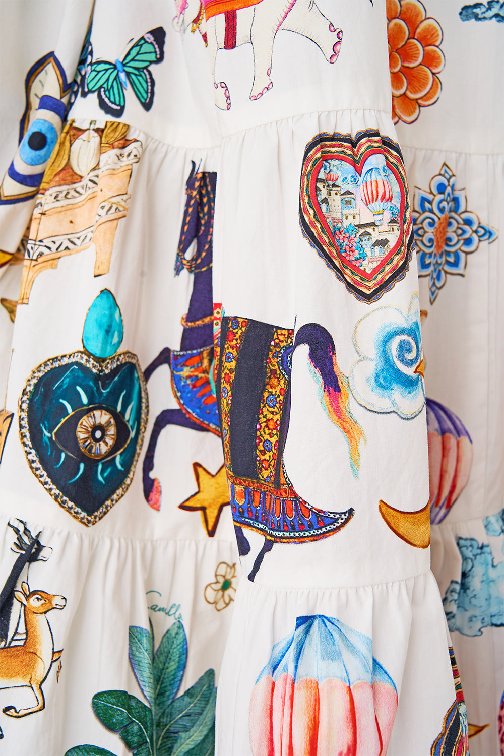 The CAMILLA LONG SLEEVE TIERED SHORT DRESS KAPADOKYA KITSCH in our  print.