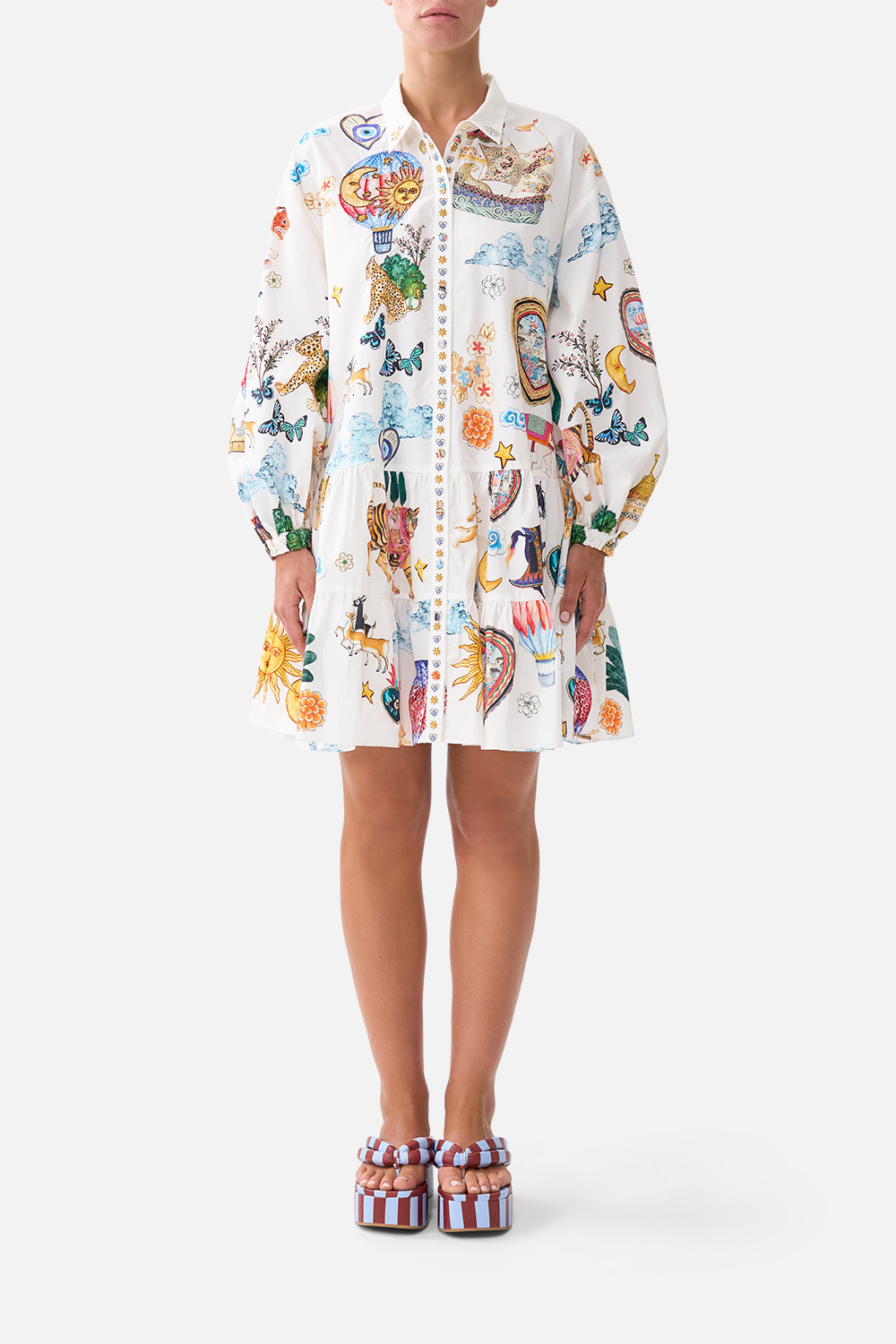 The CAMILLA LONG SLEEVE TIERED SHORT DRESS KAPADOKYA KITSCH in our KAPADOKYA KITSCH print.