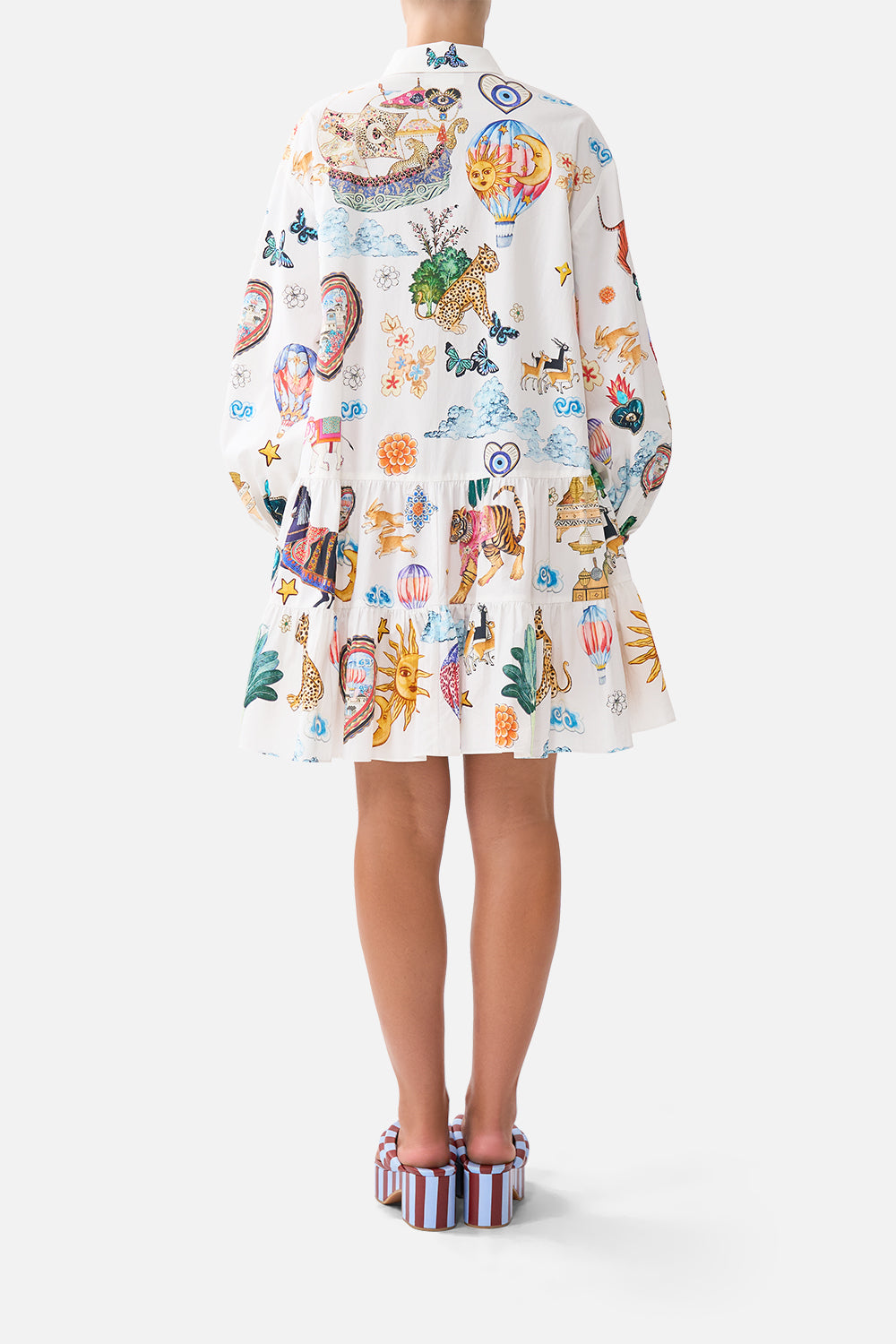 The CAMILLA LONG SLEEVE TIERED SHORT DRESS KAPADOKYA KITSCH in our  print.