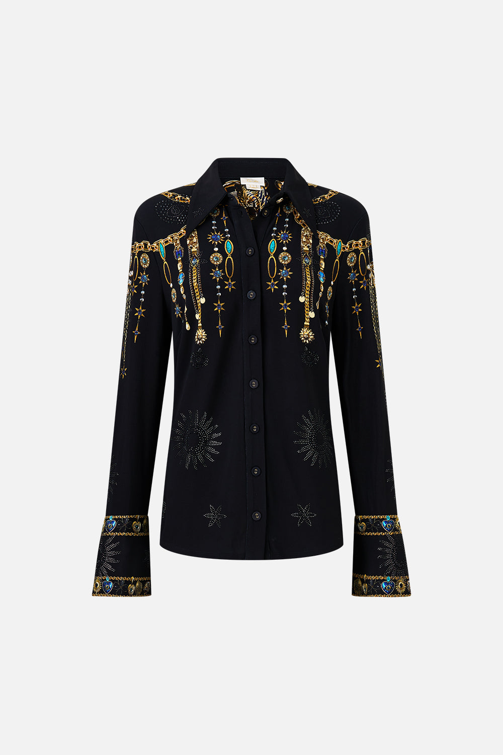 The CAMILLA FITTED JERSEY SHIRT AMULETS AND ALCHEMY in our  print.