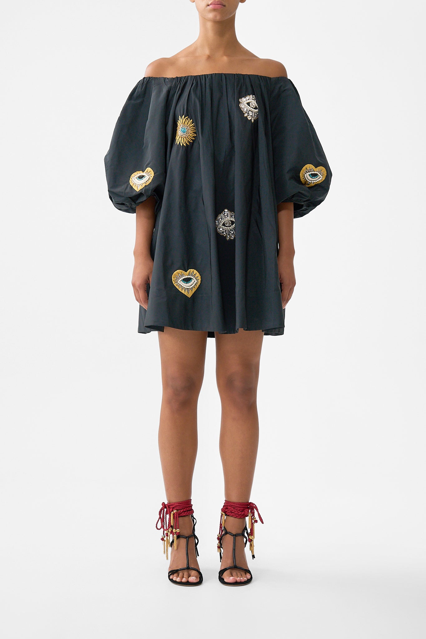 The CAMILLA OFF SHOULDER PUFF DRESS AMULETS AND ALCHEMY in our AMULETS AND ALCHEMY print.
