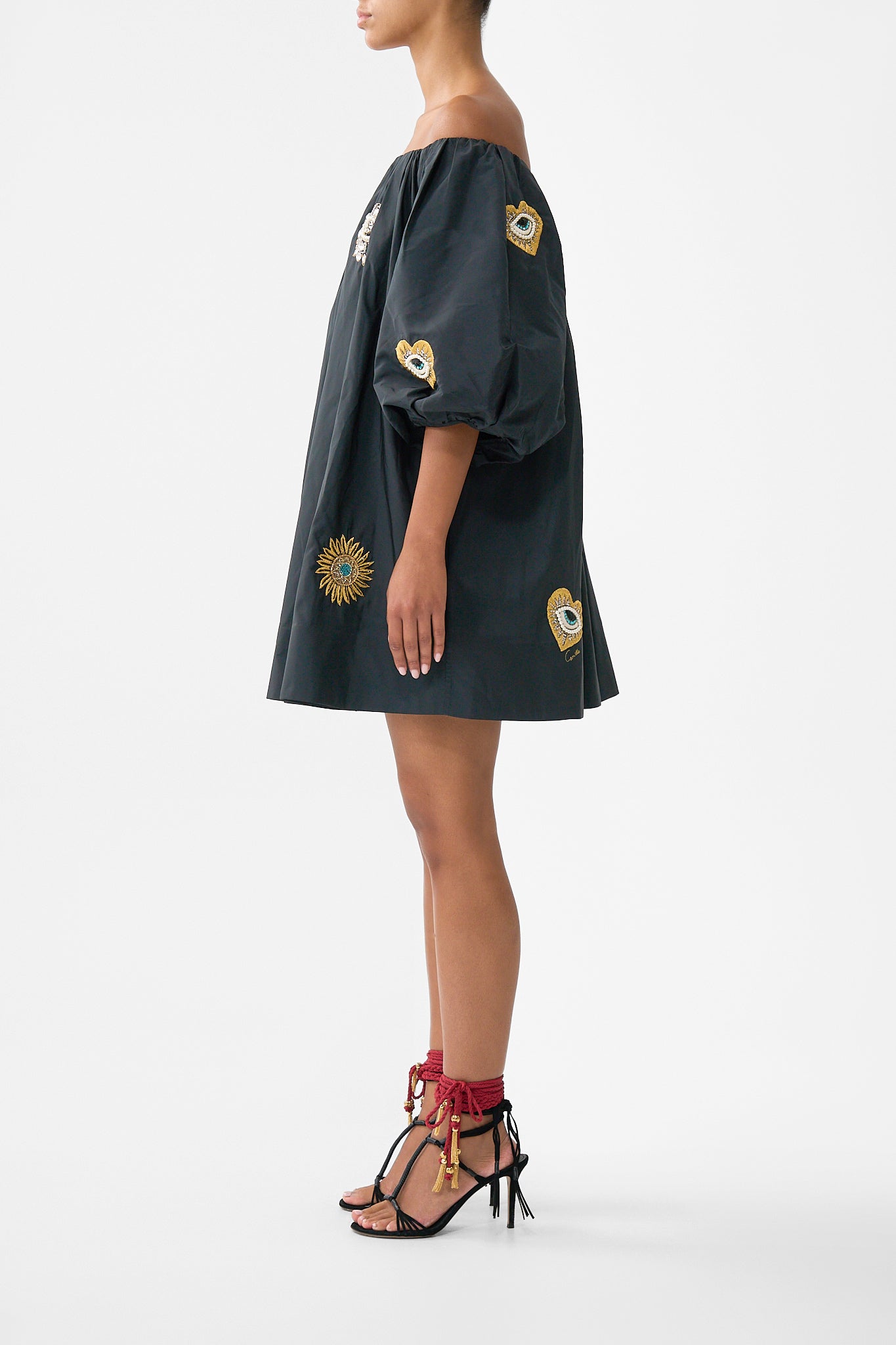 The CAMILLA OFF SHOULDER PUFF DRESS AMULETS AND ALCHEMY in our  print.