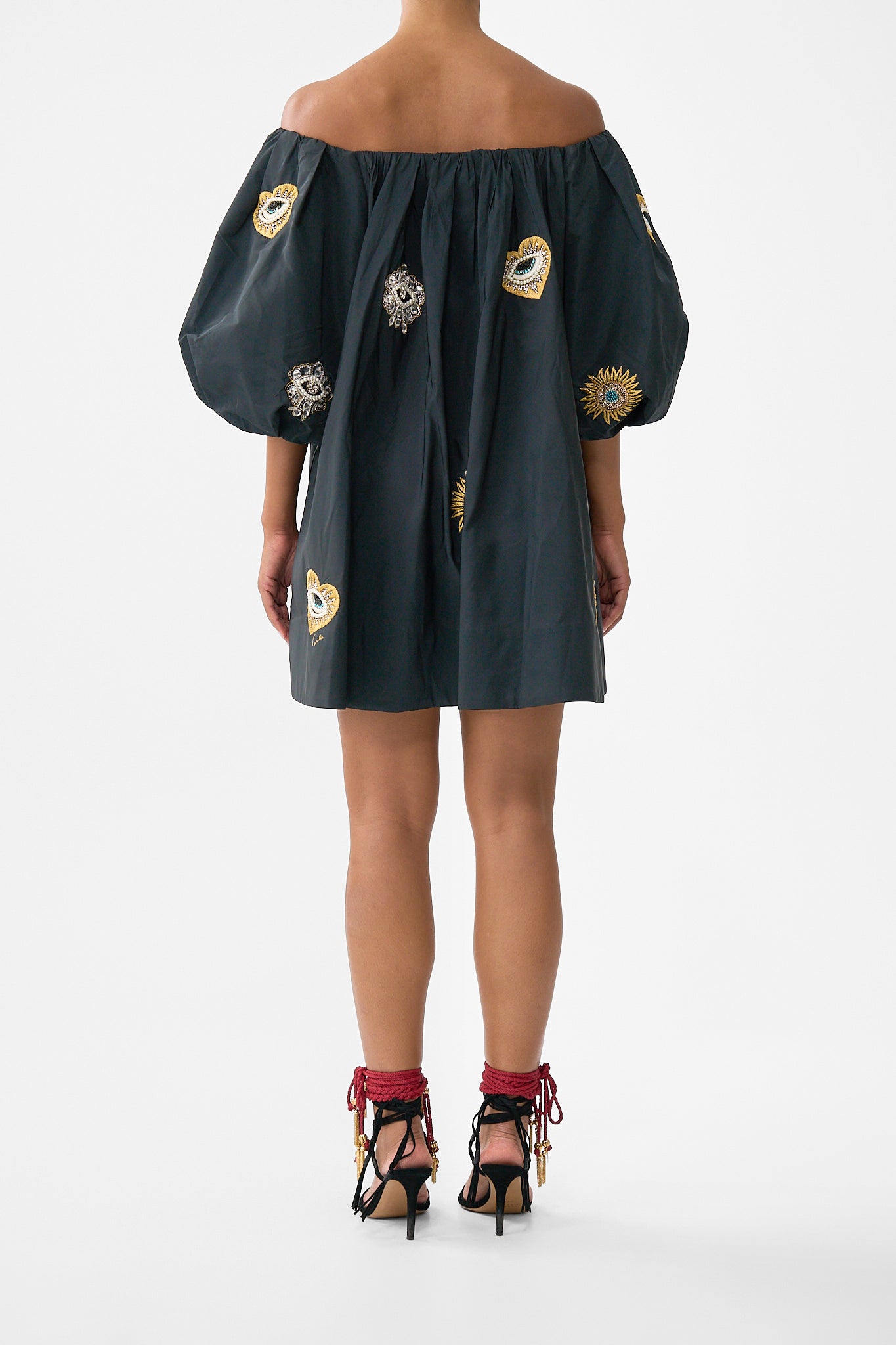 The CAMILLA OFF SHOULDER PUFF DRESS AMULETS AND ALCHEMY in our  print.