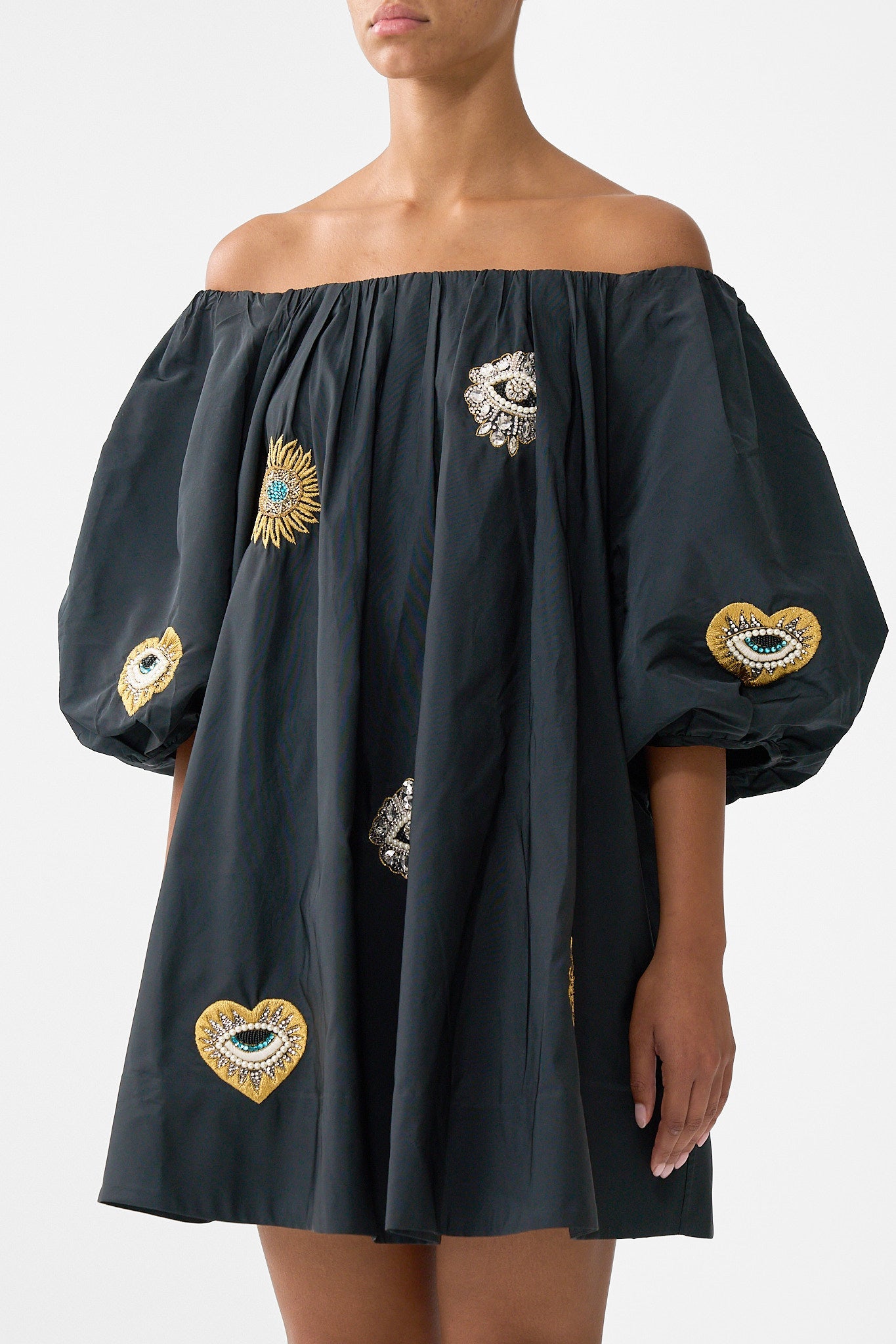 The CAMILLA OFF SHOULDER PUFF DRESS AMULETS AND ALCHEMY in our  print.