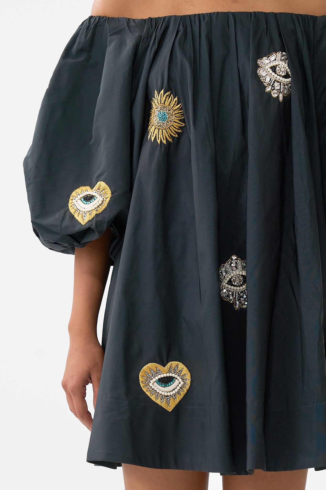 The CAMILLA OFF SHOULDER PUFF DRESS AMULETS AND ALCHEMY in our  print.