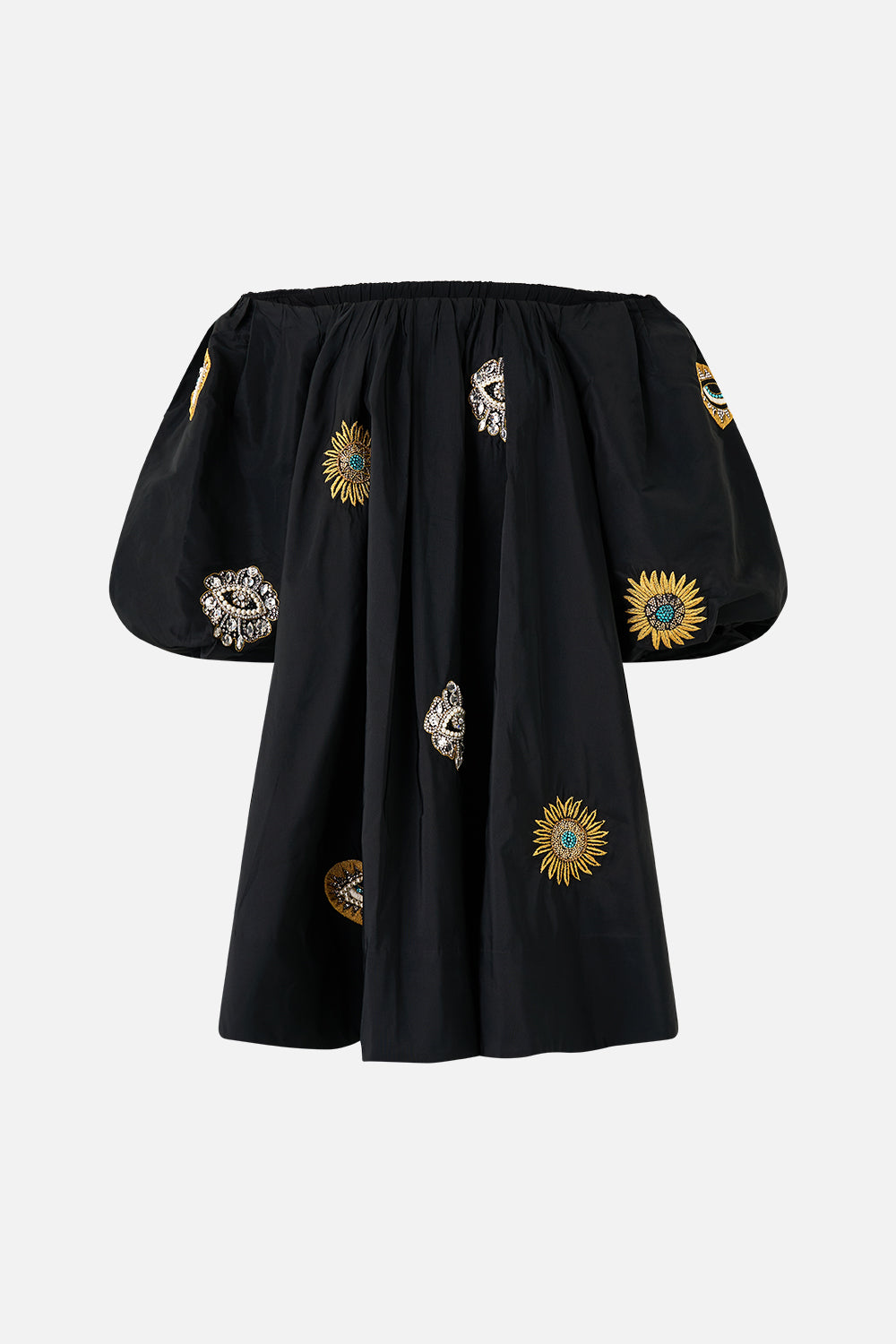 The CAMILLA OFF SHOULDER PUFF DRESS AMULETS AND ALCHEMY in our  print.